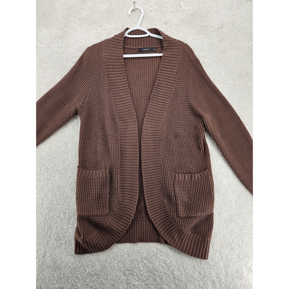 Zenana Premium Cardigan Waffle Sweater Size XL Brown With Pockets